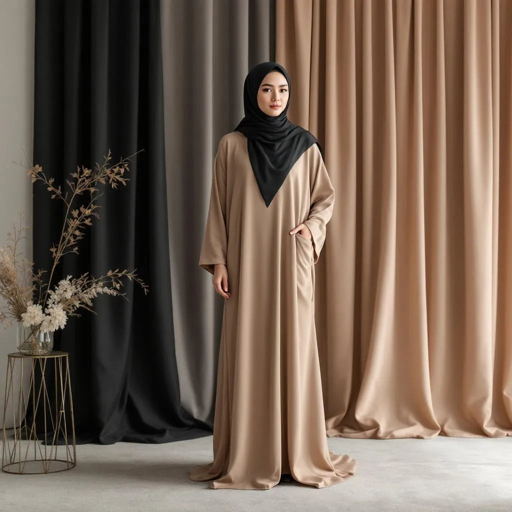 Abaya grande taille noir de la collection Ijaba 2024 en nida fluide.