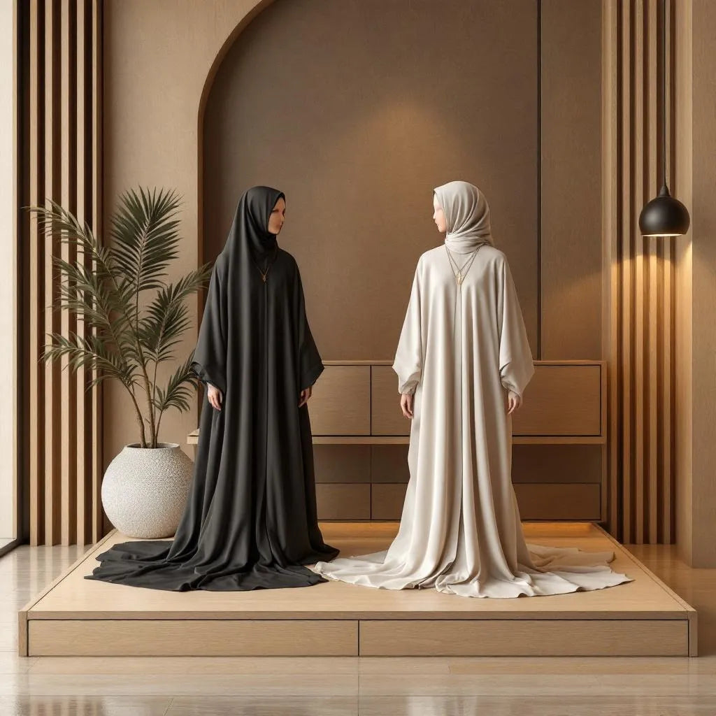 Abaya pour la Omra beige et noire de la collection Ijaba 2025 en soie de Médine opaque.