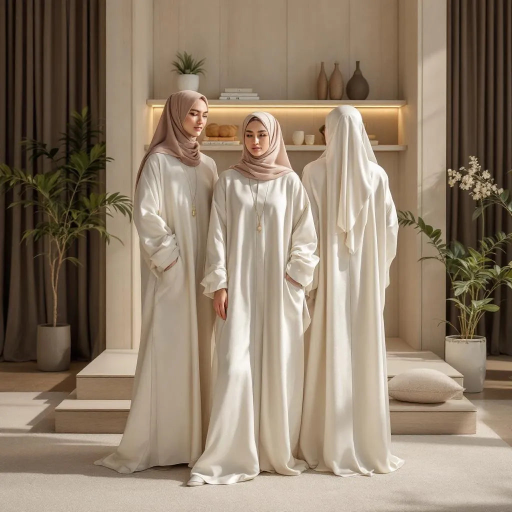 Abaya blanche satin de la collection Ijaba en soie de Médine premium.