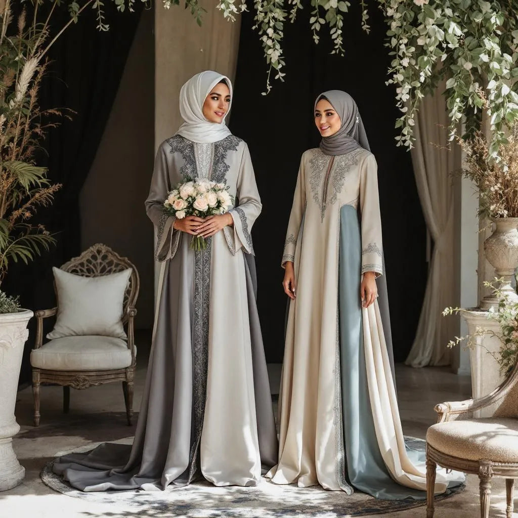 Abaya mariage bordeaux et émeraude de la collection Ijaba en satin brodé doré.