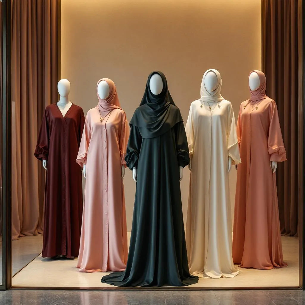 Sélection boutiques abayas noires et colorées de la collection Ijaba en satin et soie de Médine.