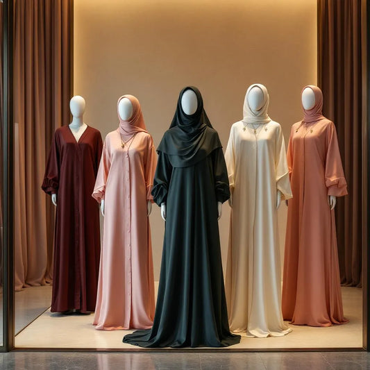 Sélection boutiques abayas noires et colorées de la collection Ijaba en satin et soie de Médine.