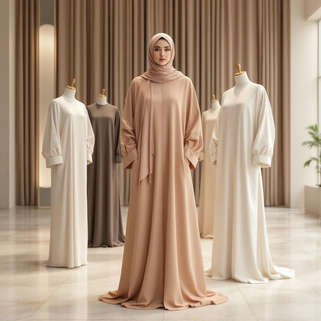 Créateurs d'abayas Dubaï coloris noir et beige de la collection Ijaba en soie émirienne.