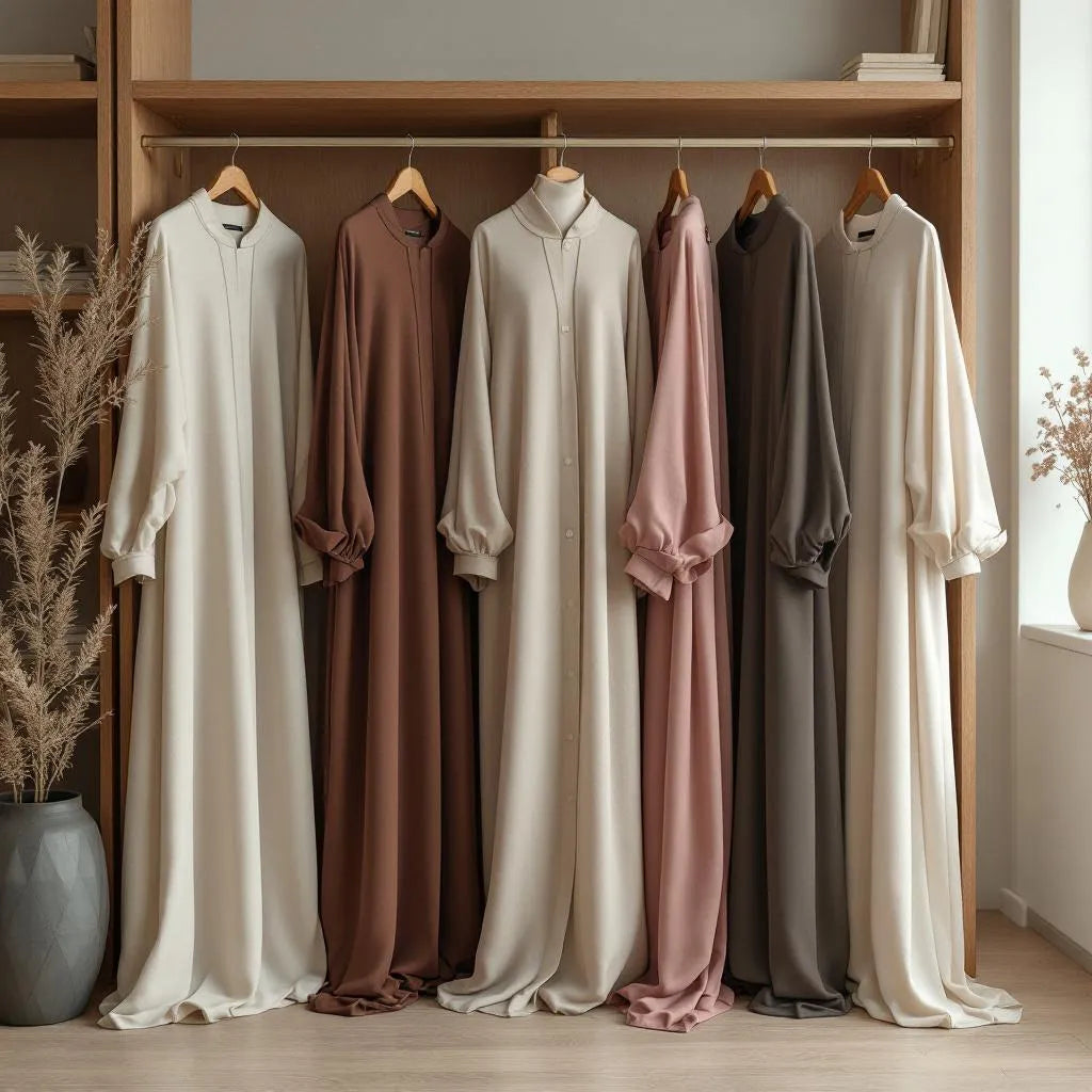 Abayas chic beige et noir de la collection Ijaba hiver en soie de Médine premium.