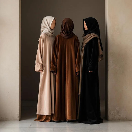 Abayas chaudes couleurs sobres de la collection Ijaba hiver en laine premium et velours.