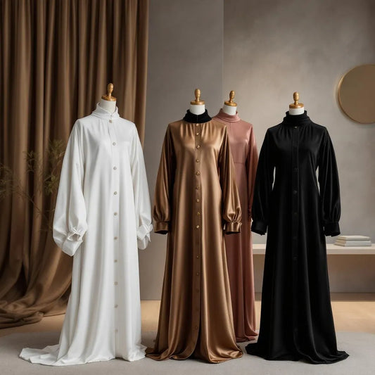 Abayas élégantes noir et bleu nuit de la collection Ijaba en satin premium.