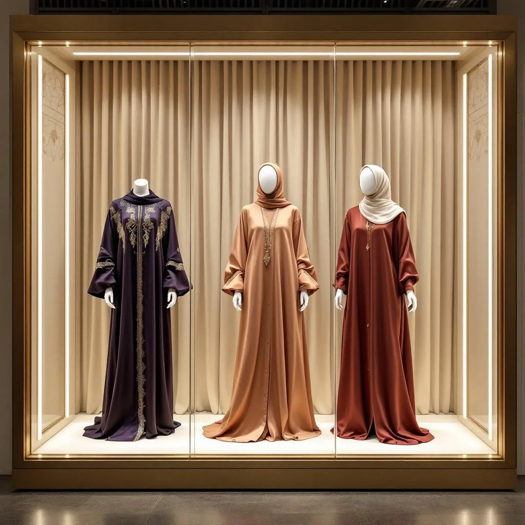 Sélection abaya noire et beige de la collection Ijaba 2025 en satin et crêpe de Médine.