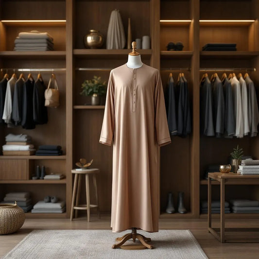 Abayas homme premium noires et beiges de la collection Ijaba en satin et soie de Médine.