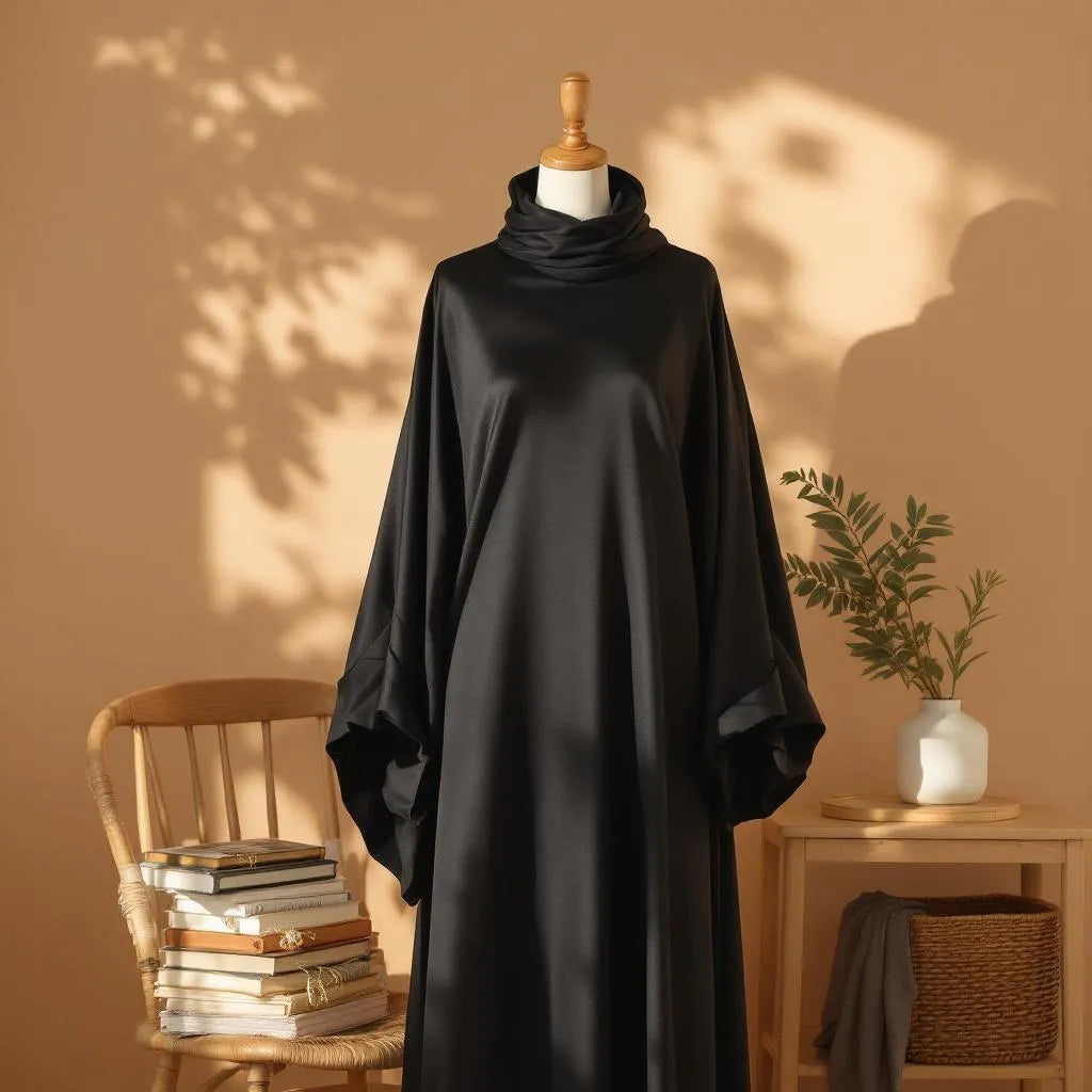 Abaya droite noire et camel de la collection Ijaba en satin premium et coton noble.