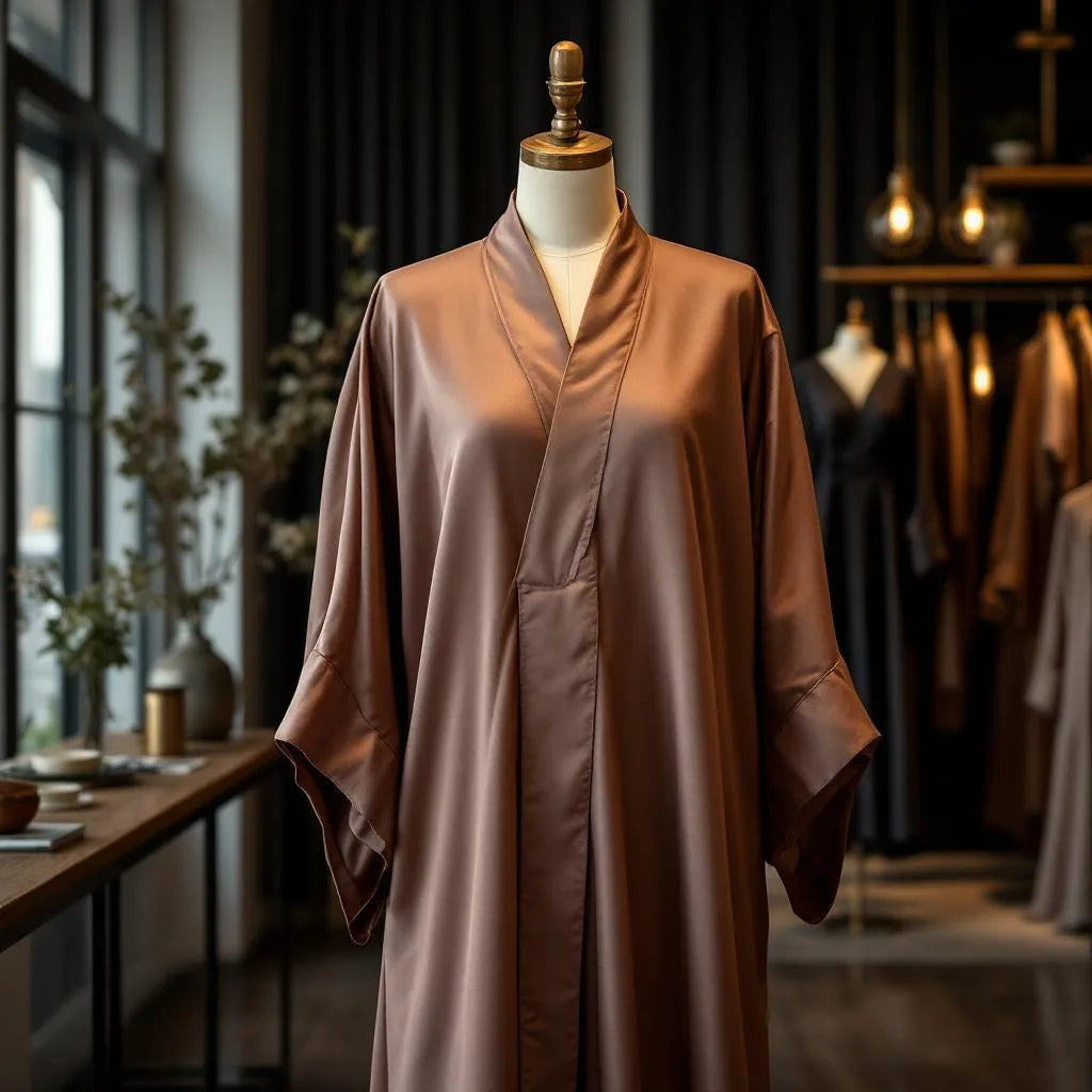 Abaya kimono beige de la collection Ijaba en satin de Médine.