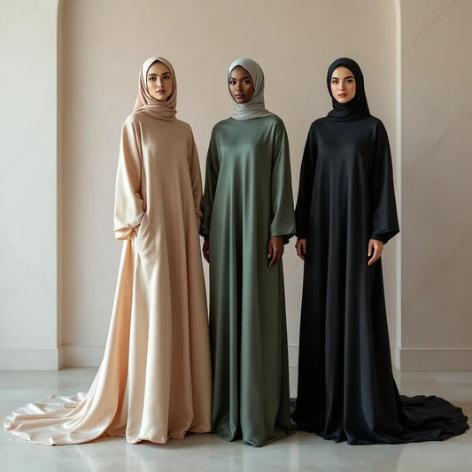 Notre sélection d'abayas de luxe satinées ivoire et noir de la collection Ijaba en soie de Médine brodée.