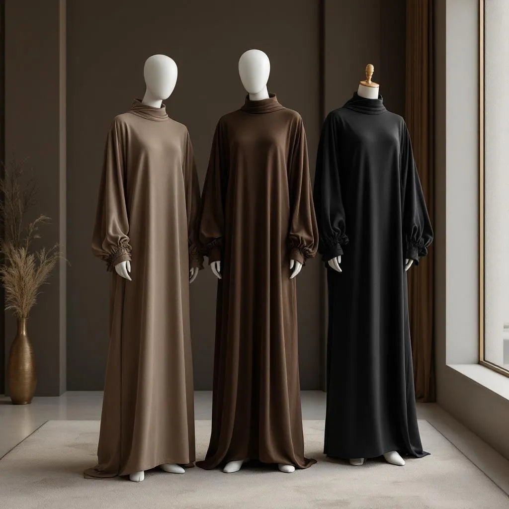 Abaya manches bouffantes anthracite de la collection Ijaba 2024 en soie de Médine premium.