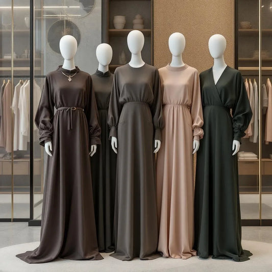 Abaya évasée noir mat de la collection Ijaba automne en crêpe fluide de Dubaï.