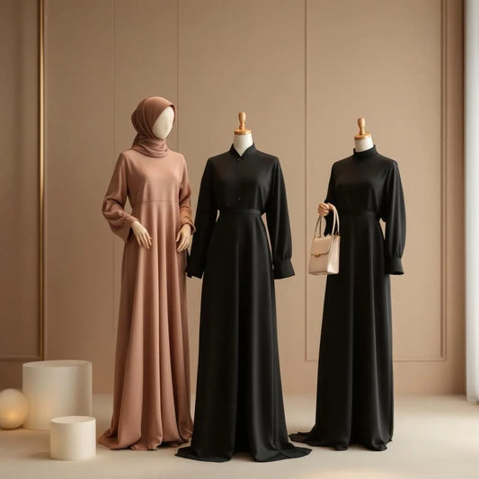 Abaya 2 pièces ou 3 pièces noire et beige de la collection Ijaba en coton et soie de Médine.
