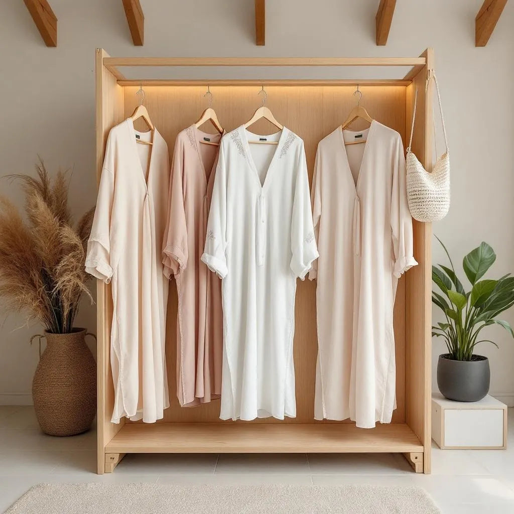 Abayas de plage beige et camel de la collection Ijaba été en lin et coton respirant.