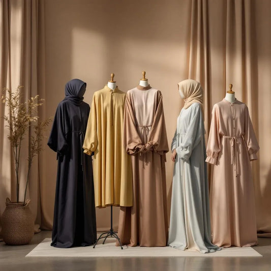 Top 5 des Abayas en Soie de Médine couleurs naturelles de la collection Ijaba en tissu polyester soyeux.