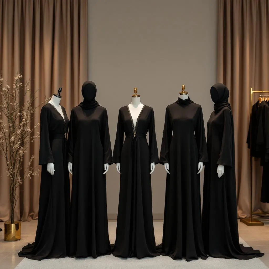 Collection d'abayas noires premium Ijaba en satin et crêpe avec broderies délicates.