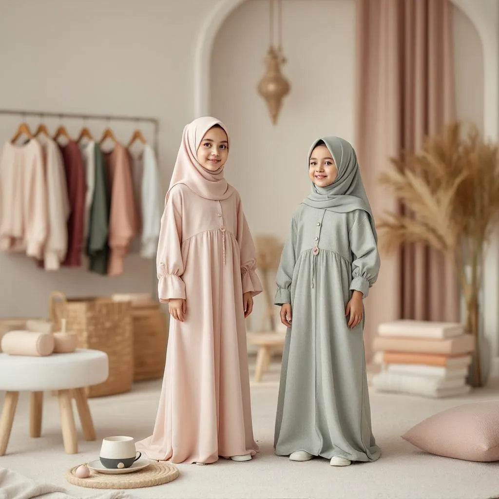 Abaya fillette rose poudré de la collection Ijaba 2024 en microfibre crêpe.