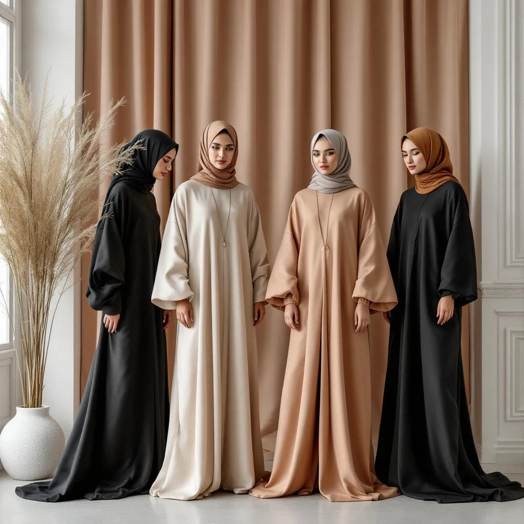 Abayas premium noires et beiges de la collection Ijaba Paris en soie de Médine.