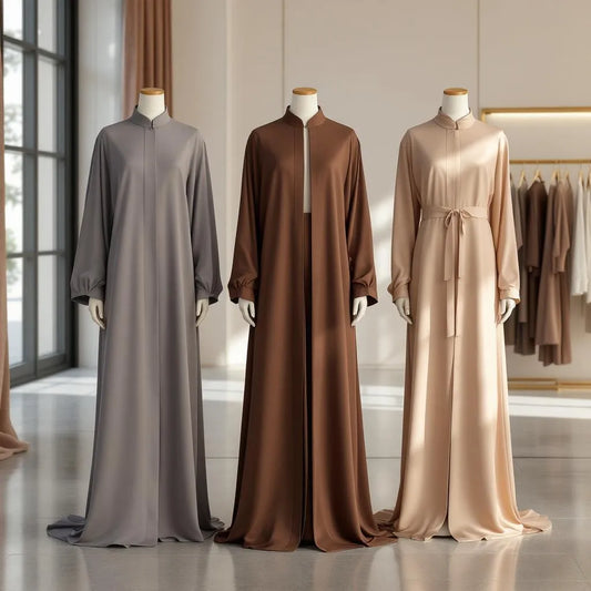 Abayas ouverte et fermée beige et noir de la collection Ijaba en soie de Médine et nidha.