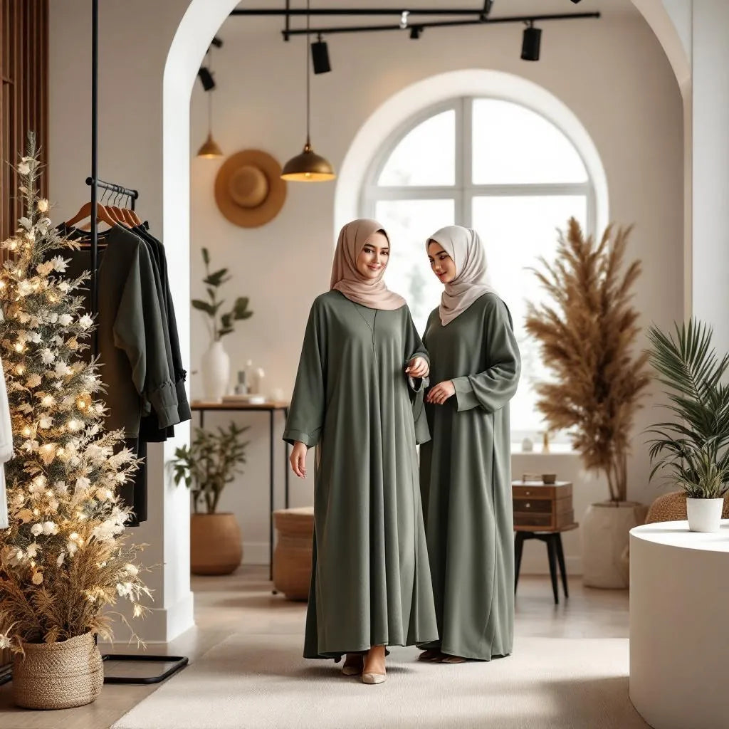 Abaya pilier mode modeste noir et crème de la collection Ijaba automne en soie de Médine Dubai.