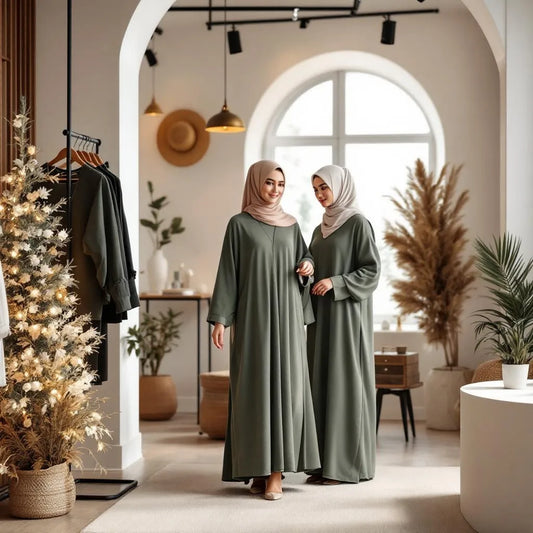 Abaya pilier mode modeste noir et crème de la collection Ijaba automne en soie de Médine Dubai.