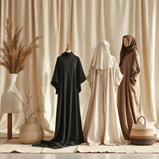 Abaya lin coton beige de la collection Ijaba été en matière naturelle respirante.