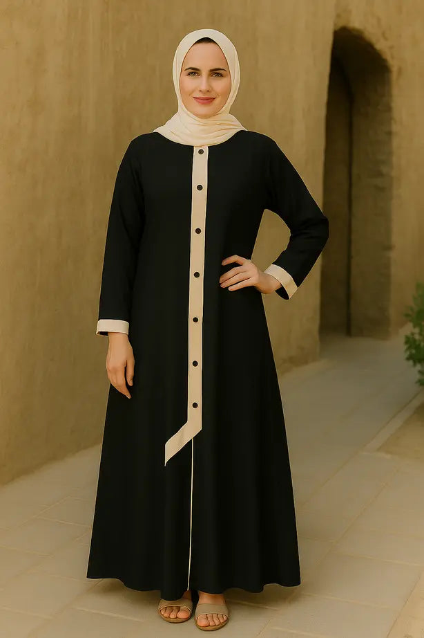 Abaya Classique Bande Contrastante - L'Intemporel Réinventé