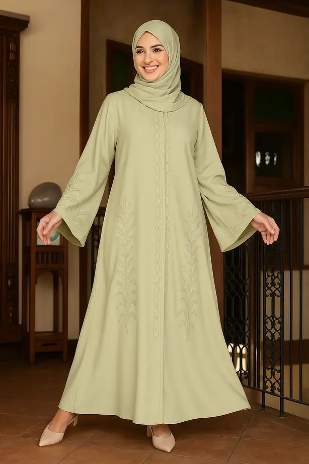Abaya Vert Broderie Ton sur Ton - L'Élégance Naturelle Écoresponsable