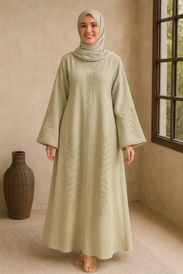 Abaya Vert Broderie Ton sur Ton - L'Élégance Naturelle Écoresponsable